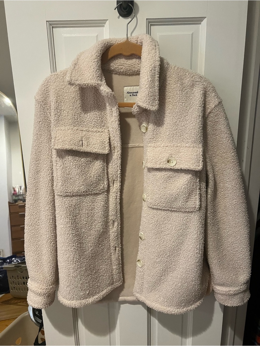 Abercrombie & Fitch Cream Sherpa Shacket with Patch Pockets